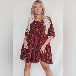 Elegant cranberry red velvet Sequin babydoll  Dress